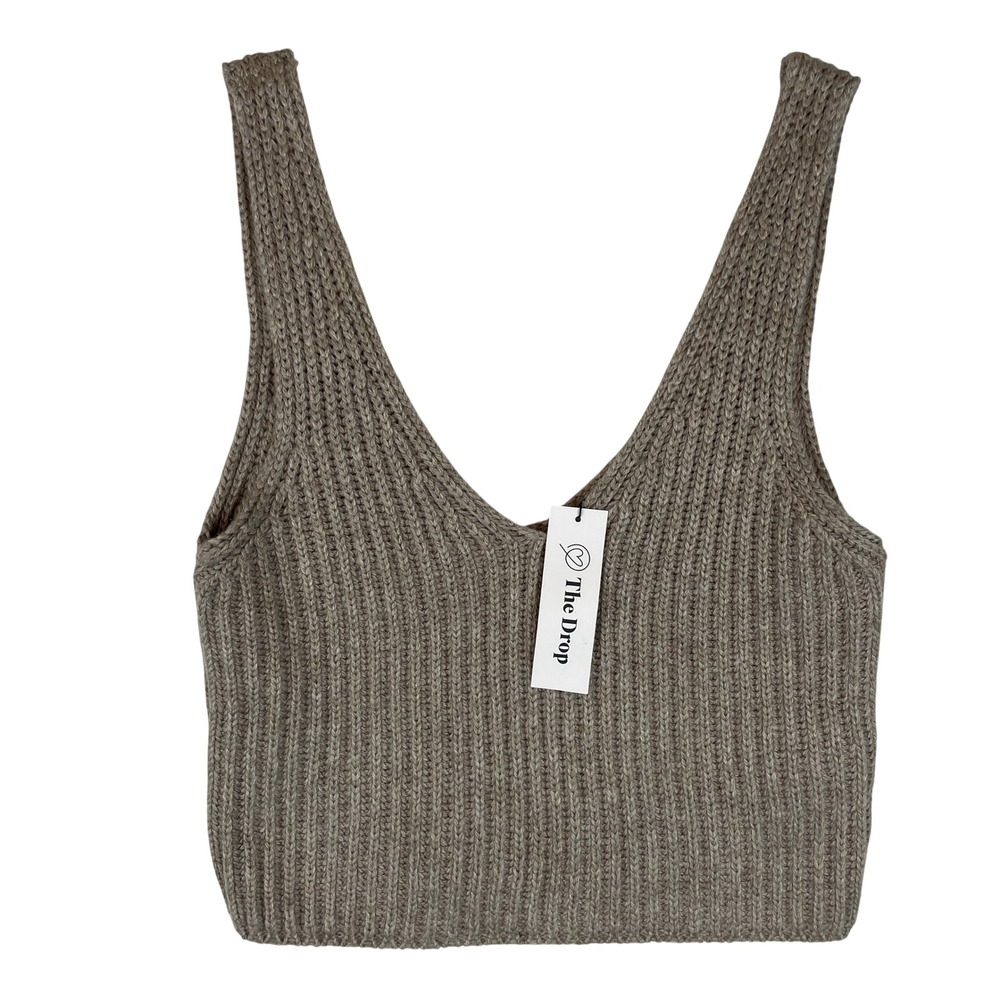 The Drop Sylvie V-Neck Ribbed Knit‎ Crop Tank Top Heather Mushroom Large JO4391